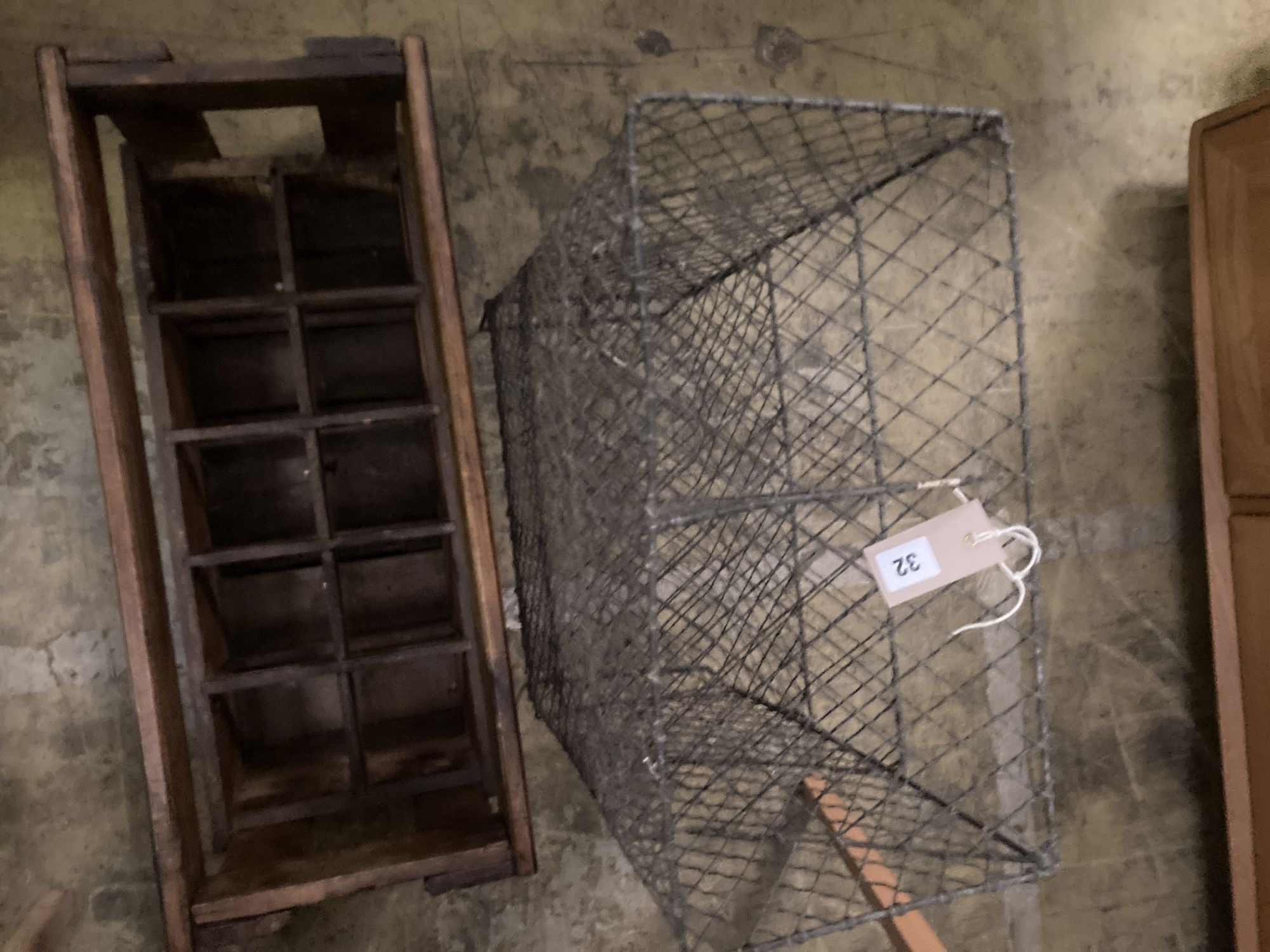 A vintage wood ten division bottle carrier, width 58cm depth 24cm height 37cm, together with a wirework rack